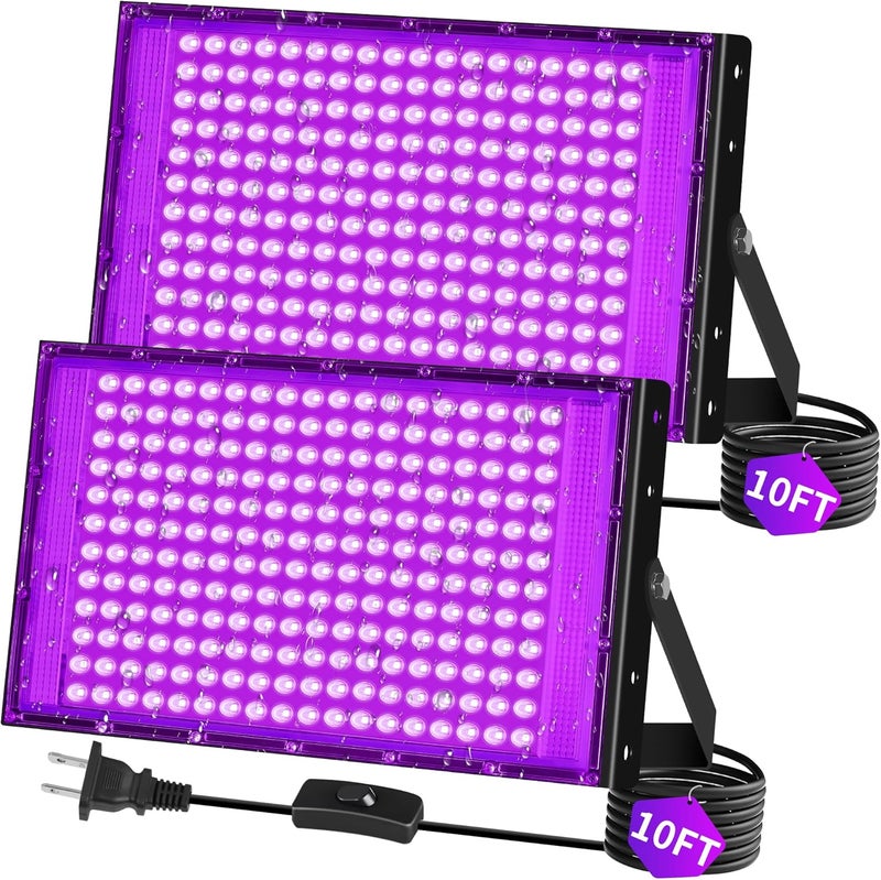 THECHAM Store 200W LED Black Lights IP66 Waterproof Black Light Outdoor with 10ft Plug+Switch, Flood Blacklight for Halloween Glow in The Dark Party Stage Light Neon Glow Birthday 2 Pack - Image 1